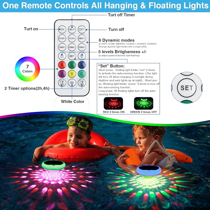 Solar Floating Pool Lights(1 PACK), USB Rechargeable Pool Lights That Float with Remote, 2600mAh 6.7'' IP68 Waterproof 13 Colors Upper and Lower Glow Hot Tub Light Hangable Solar Light for Garden