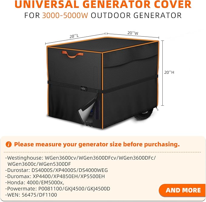 Waterproof Generator Cover 26x20x20 inch, Heavy Duty Cover & Windproof for Outdoor Generators 3000-5000 Watt, Black