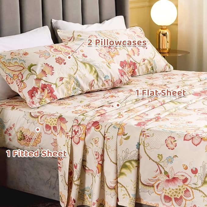 QSH Floral Bed Sheets Set - Queen Size Boho Lotus Print Bed Sheet Set - Extra Soft and Breathable 100% Egyptian Cotton - Farmhouse Bedding - 4 pcs Deep Pockets Flower Bed Sheets