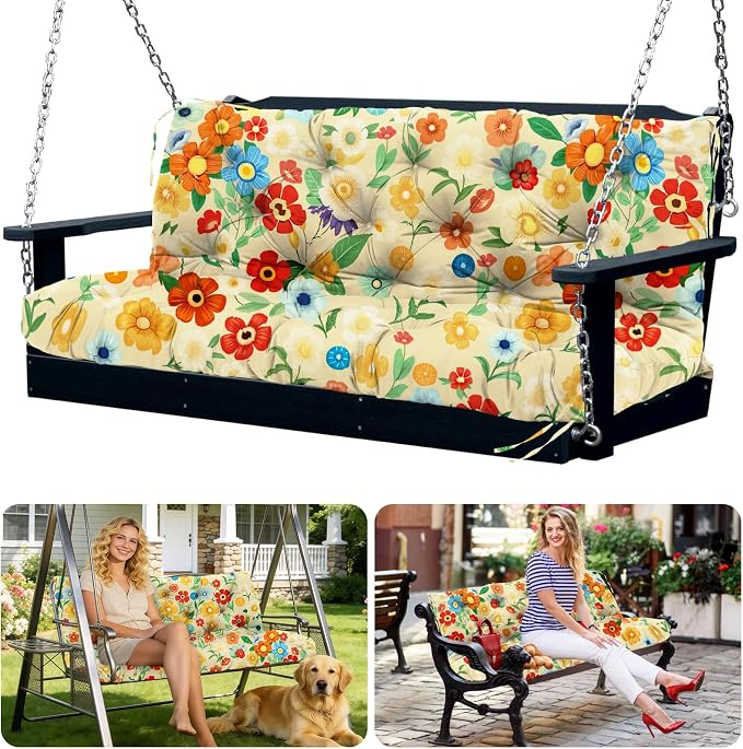 Porch Swing Cushions 3 Seater Replacement Thicken 5" Waterproof & Fade Resistant Swing Cushions for Outdoor Furniture Bench Patio Swing Cushion with Backrest & Ties(Color Floral 70x40x5inch)
