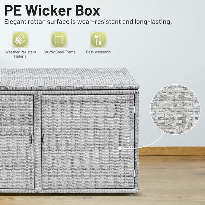 Giantex Rattan Deck Box Outdoor&Indoor 88 Gallon Wicker Storage Box W/Separate Storage Shelf, Openable Door and Tools Storage for Patio,Garden, Balcony, Porch, Yard Rattan Storage Box (Gray)