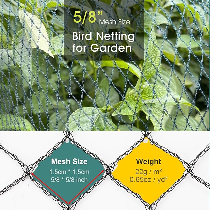 Bird Netting for Garden Protection, 28 x 30 FT Heavy Duty Garden Netting with Ties and Landscape Staples for Vegetable, Fruit Trees & Other Plants Against Birds Deer Squirrels and Poultry