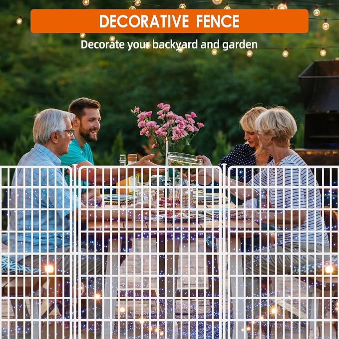 10 Panels No Dig Fence with Gate, 32 in(H) X 24 ft(L) Garden Decorative Fence Animal Barrier for Dogs, Rustproof Metal Garden Edging Border for Outdoor, Yard, Patio, White