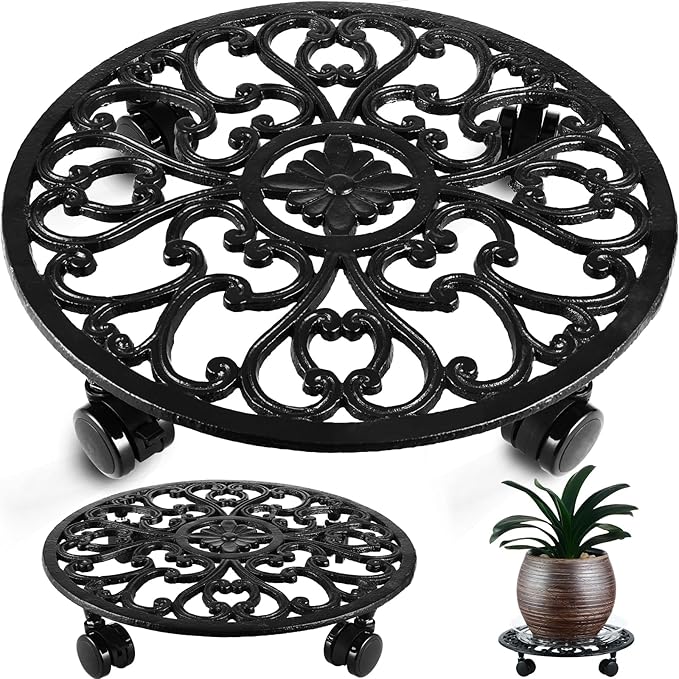 14 Inch Rolling Plant Stand with Wheels Metal Plant Caddy with Wheels Heavy Duty Round Plant Stand Indoor Iron Plants Rollers for Plants, Plant Dolly Planter on Wheels 1 Pack