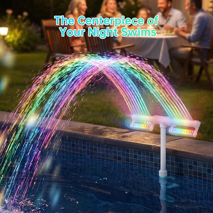 LED Pool Fountain with Remote, Rechargeable Waterfall Spray for Inground & Above Ground Pools, Fits 1.73" & 3.2" Return Jets, 20 Light Modes & Timers, 12H Long-Lasting Glow for Night Swimming Ambiance