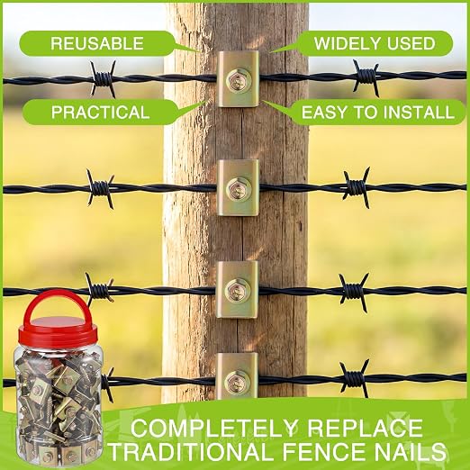 75 Pcs 1.5 Inch Fence Staples for Wire Reusable Barbed Fence Fasteners Nails with Storage Bucket for Mesh and Woven Fencing, Metal Grid, Softwood, Quick Installation with Electric Drill