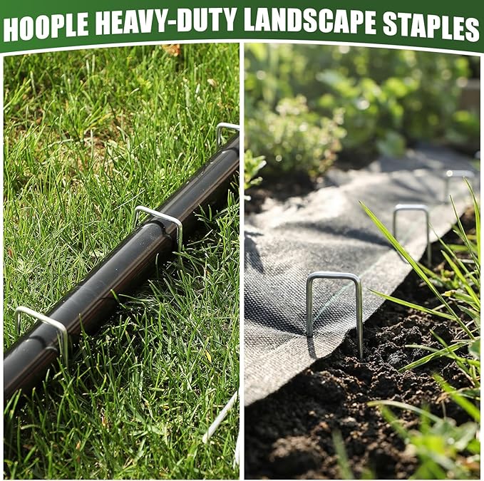 HOOPLE 100 Pack 8 Inch Landscape Staples 11 Gauge Heavy Duty Galvanized Garden Stakes, Sod Pins for Weed Barrier Fabric, Artificial Turf, Drip Irrigation, Lawn Edging & Ground Cover