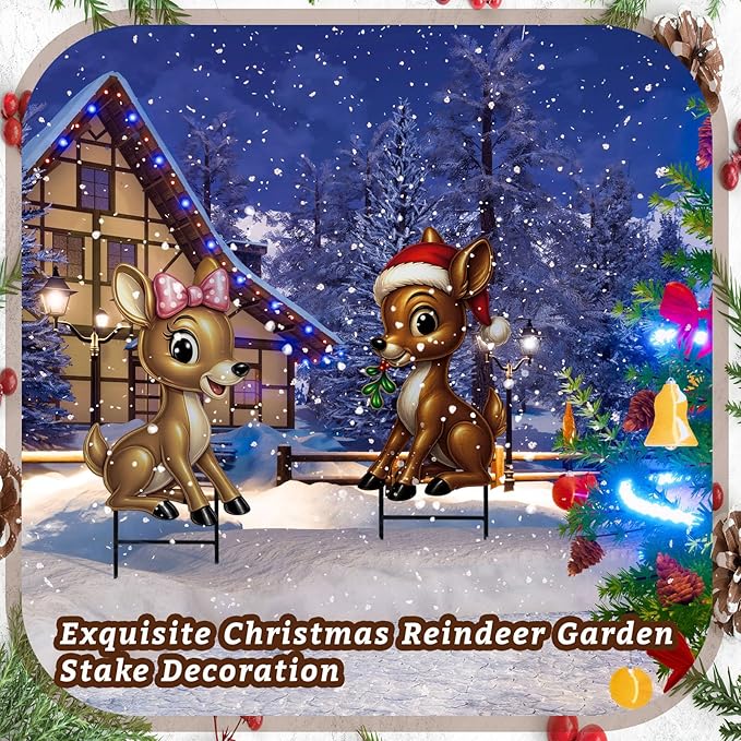 Moxweyeni 2 Pcs Outdoor Reindeer Christmas Decoration Cute Deer Sign Large Metal Reindeer Yard Sign with Stakes Christmas Farmhouse Deer Figurines for Lawn Garden Holiday Display