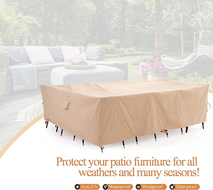 WJ-X3 Large Rectangular Outdoor Table Cover Waterproof, Heavy Duty Patio Furniture Set Cover UV-Resistant, Lawn Sectional Set Cover, High Wind Resistant, Anti-Fading 126W x 84D x 31H Inches, Beige