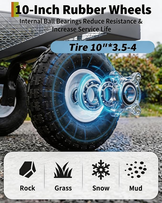 GarveeTech 800LBS Heavy Duty Steel Garden Cart, Garden Wagon Cart on Wheels, Metal Yard Utility Wagon with Removable Mesh Sides, 10" All Terrain Tires, 180° Rotating Handle for Lawn, Garden, Farm