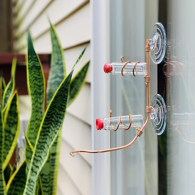 Window Hummingbird Feeder | Handcrafted Copper and Aluminum | Multiple Stations | Modern Hummingbird Feeder | Home Décor | Glass Bottles | Suction Cups (Copper, Two Station)