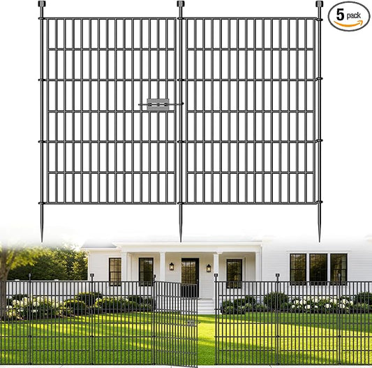 5 Panels No Dig Decorative Outdoor Garden Fence with Gate for Yard, 40 in(H) X 11.8 ft(L) Animal Barrier Fencing Rustproof Metal Wire Panel Border for Dog, Rabbits, and Patio Temporary Ground Stakes