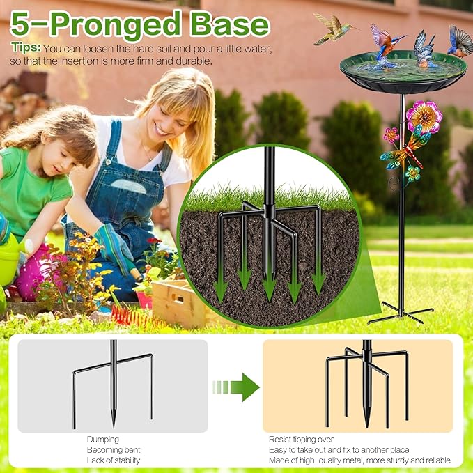 Metal Bird Bath for Outside, Removable Birdbath Feeder Bowl for Outdoors, Freestanding Bird Baths with Upgraded 5-Pronged Base for Garden Patio Yard Lawn Decor (Vintage Green)