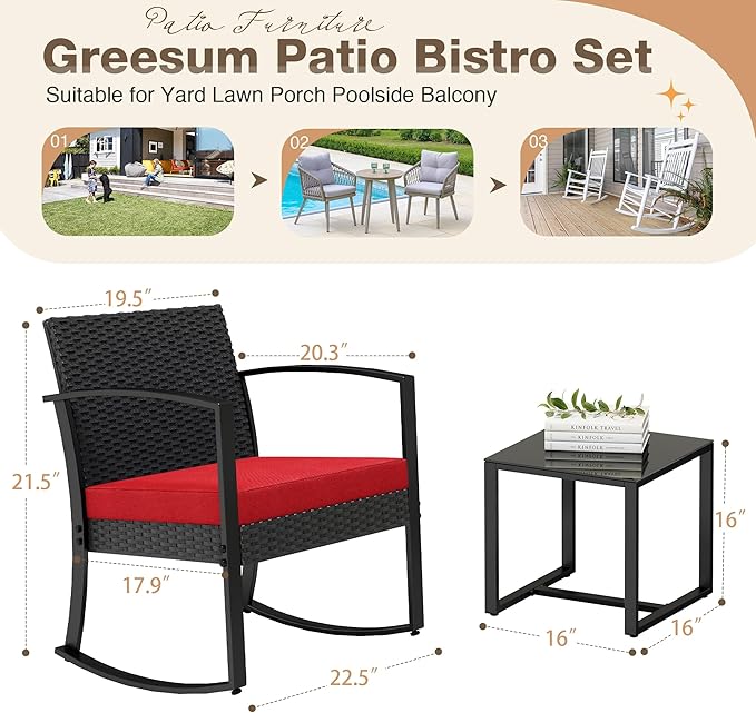 Greesum 3 Piece Outdoor Bistro Set, Imitation Rattan Conversation Set, Patio Furniture with Glass Top Coffee Table for Pool, Deck, Porch, Garden or Balcony, Bright Red