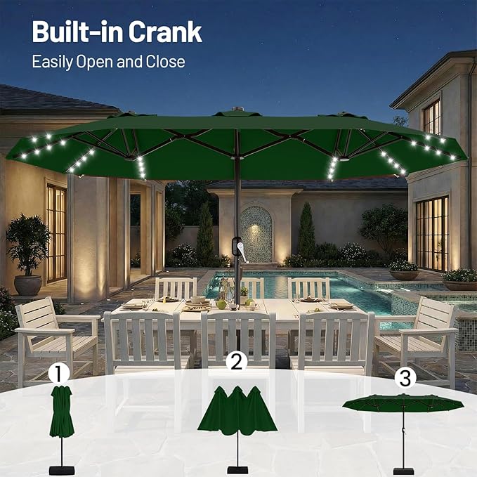 AreShark 13 FT Patio Umbrella with Solar Lights, Double-Sided Outdoor Table Umbrellas with Crank, Large Rectangular Market Umbrella for Porch, Lawn, Pool, Backyard, Dark Green