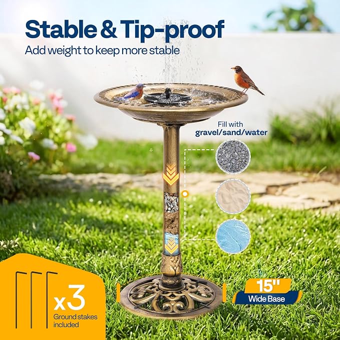 VIVOHOME Bird Bath with Solar Fountain for Outside, Polyresin Pedestal Bird Baths with Solar Powered Pump for Outdoor, Garden, Weather-Resistant Birdbaths with 20" Bowl, Golden