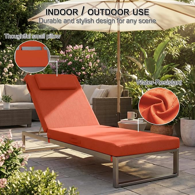 Outdoor Chaise Lounge Cushions, 72x21 Inch Olefin Water & Fade Resistant Pool Lounge Chair Cushions, Patio Sun Lounger Pad with Pillow & Straps for Patio, Pool, Deck, Lawn, Orange