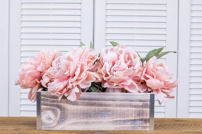 Wood Planter Box with Tin Style, 12x4 Inch Rectangular, Whitewash, Plastic Liner, Garden Centerpiece Display, Wedding Flowers Holder, Home and Venue Decor (12x4 w/ Tin Set of 4, Whitewash)