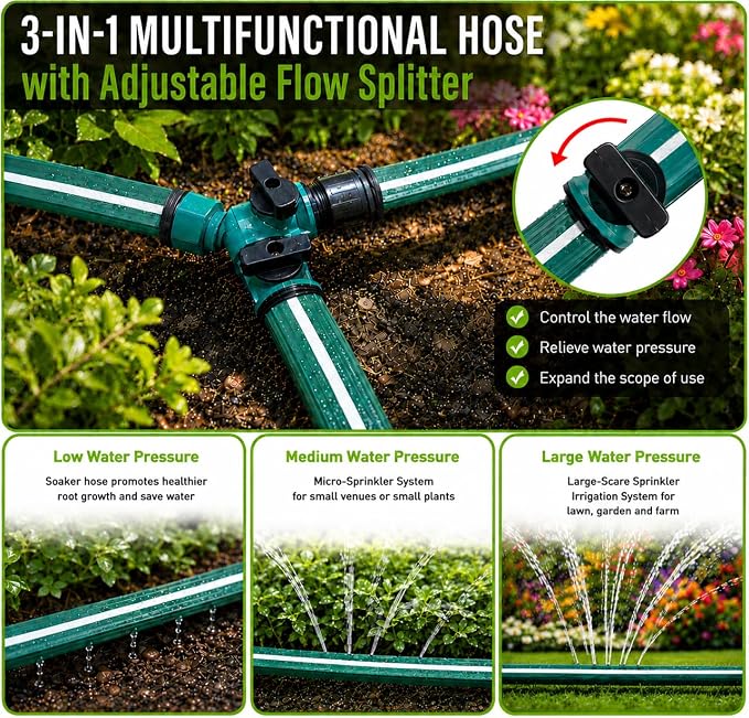 MIXC Reinforced Sprinkler Hose with Holes, 50FT (25FT×2 Pack) No-Kink Heavy Duty Flat Sprinkler Soaker Hose with Stakes & Splitters, Drip Irrigation Garden Hose for Lawn, Vegetable, Yard & Flower Bed