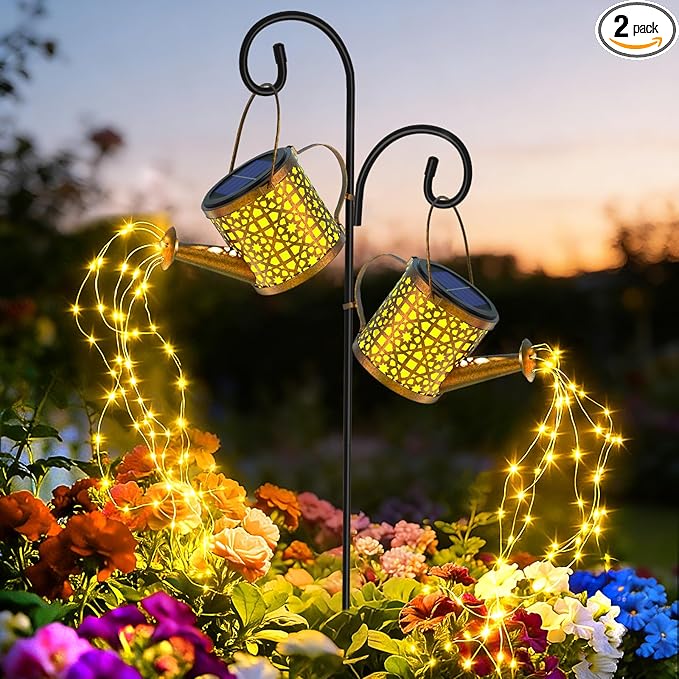 Solar Lights Outdoor Decorative, 2 Pack Metal Watering Can Lights Outdoor Waterproof, Small Patio Light Yard Lawn Pathway Decor, Gardening Gifts for Women Mom Grandma