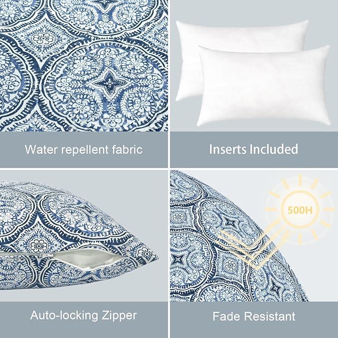 LVTLVTXIII 12×20 Inch Outdoor Lumbar Pillows, Pack of 2 Water Repellent Lumbar Pillow with Inserts, Fluffy Decorative Garden Lumbar Cushions for Home Patio Coach Sofa Use, Medallion Blue