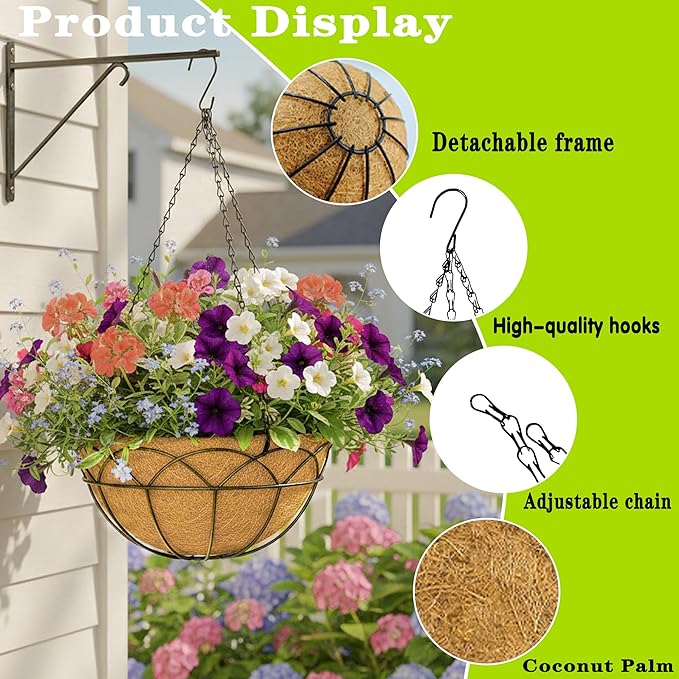 4 Pack 12 Inch Black Wire Hanging Planter with Coir Fiber Outdoor Round Hanging Basket with Metal Chain for Balcony Porch Farmhouse Country Style Garden Decor (Lotus Pattern)