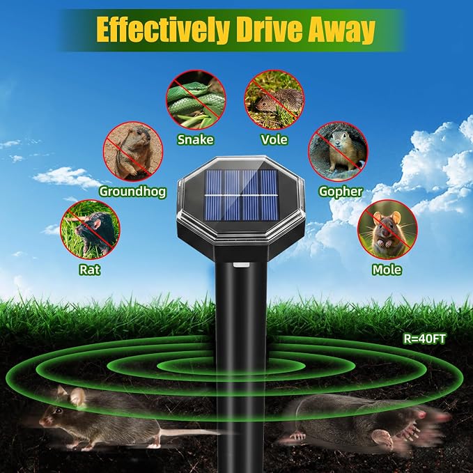 8 Pack Mole Repellent Solar Powered,Vole Repellent Outdoor for Yard,Waterproof Ultrasonic Gopher Deterrent Stakes for Mole,Vole,Chipmunk,Groundhog,Armadillo Repeller for Garden Lawns (Black)
