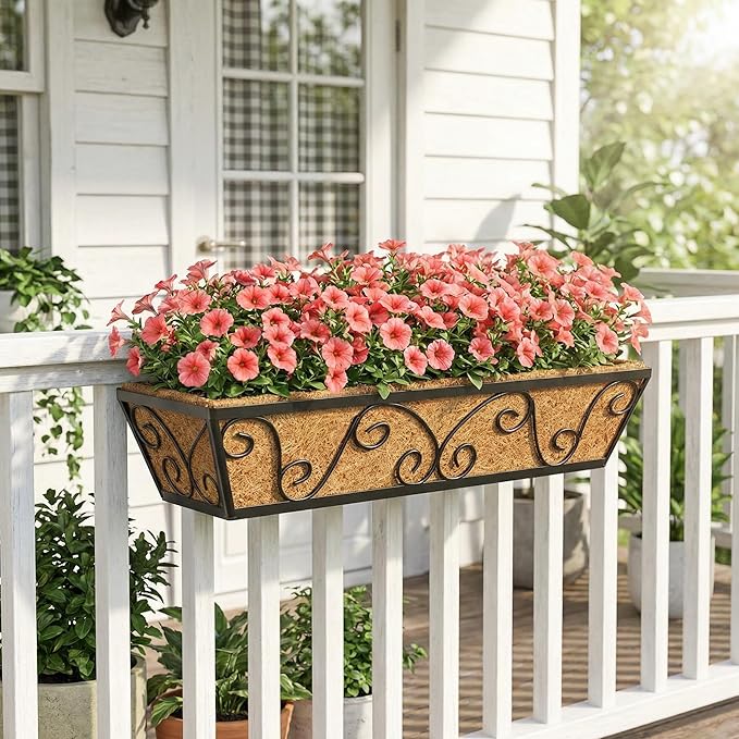 Y&M 24 Inch Large Window Box Planter with Coco Liner, Outdoor Deck Fence Porch Patio Planter-Butterfly