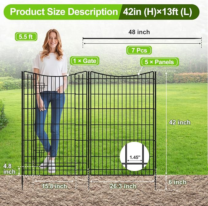 INJOPEXI Decorative Garden Fence 6 Panels 13ft (L)×42in (H) Animal Barrier Fences with 5 Panels + 1 Gate, No Dig Garden Fencing Rustproof Metal Wire Temporary Rabbit Dog Fence for Patio Outdoor Yard