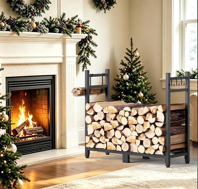 Brightown Firewood Rack Outdoor with Log Carrier, 34 inch Indoor Wood Rack for Firewood,Fire Wood Holder Outside, Adjustable Heavy Duty Logs Stand Stacker Holder for Fireplace Patio Deck,Black