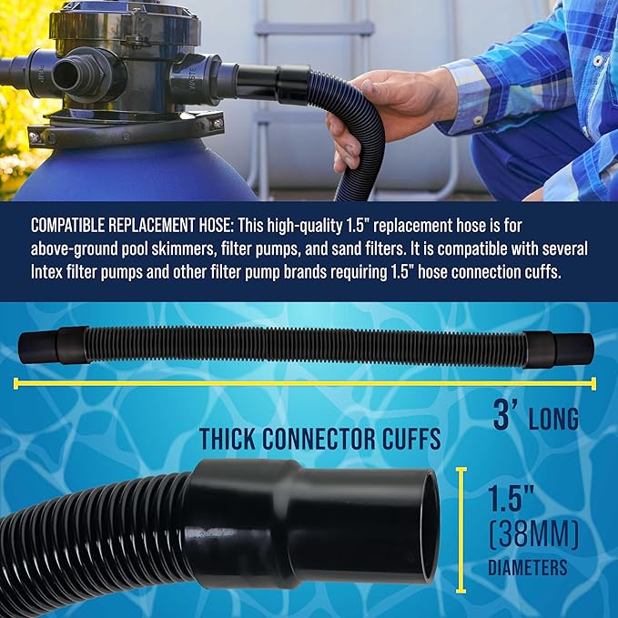U.S. Pool Supply 3 Foot Heavy-Duty Above Ground Pool Hose, 1.5" - Black Replacement Filter Connecting Hose, Flexible Spiral Wound EVA - Compatible with Intex for Pool Filter Pumps - Skimmer Pump