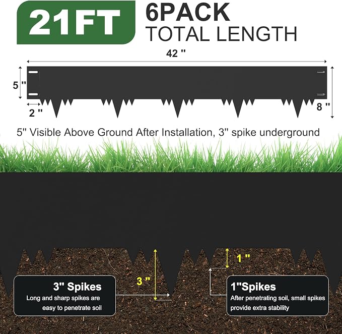 Galvanized Steel Landscape Edging Border 6 Packs 42'' L x 8'' H, Metal Landscape Garden Edging Border with 6 Stakes, Hammer-in Lawn Edging for Landscaping, Flower Bed, Yard, Pathway (21ft Total)