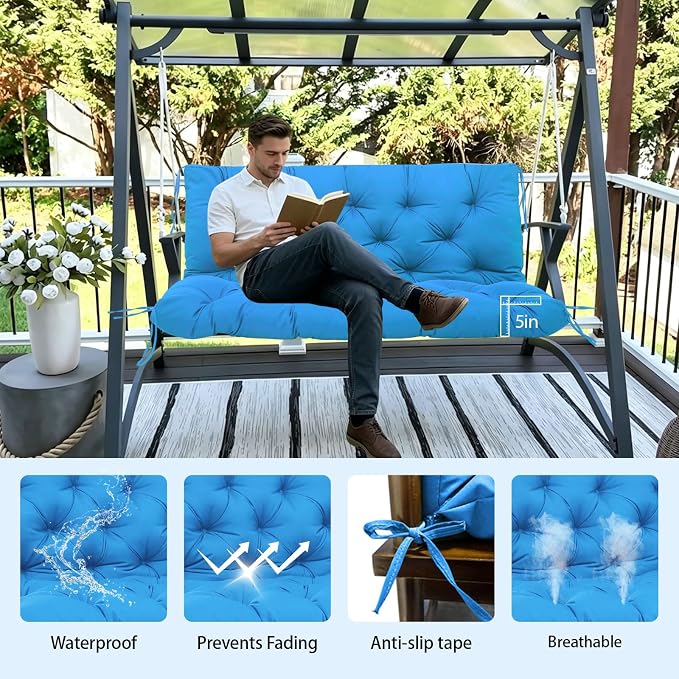 5" Thick Waterproof Porch Swing Cushion 48 x 40 in 3 Seater Replacement Outdoor Swing Cushions with Back Support Patio Swing Cushion for Outdoor Bench Furniture