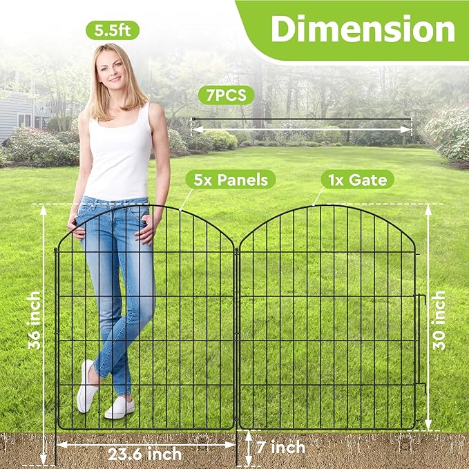 Decorative Garden Fence 5 Panels + 1 Gate, 29.9in (H) x 11.4ft (L), Rustproof Metal No Dig Fence Animal Barrier for Dog, Flower Edging for Yard & Patio Outdoor Landscape, Arched