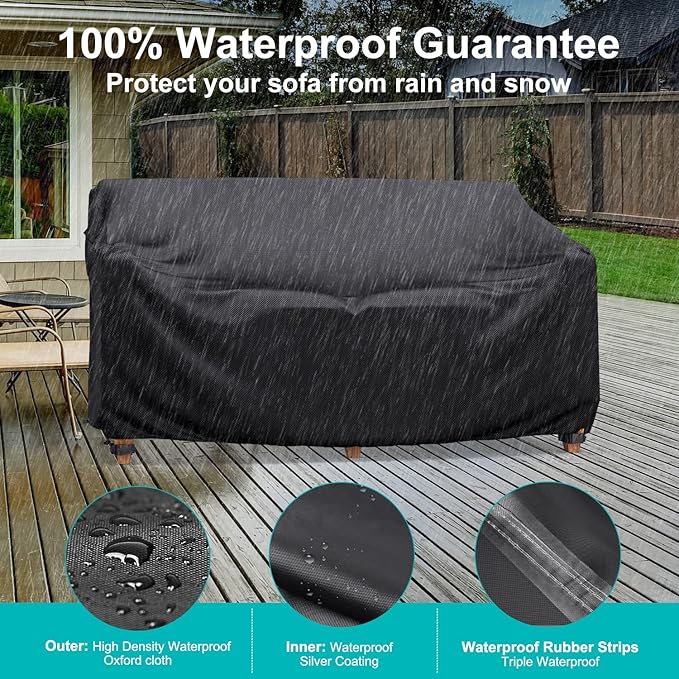Patio Sofa Cover Waterproof - Heavy Duty 3-Seater Outdoor Couch Cover Patio Furniture Covers with Air Vent and Handles, 87" L×37" D×35" H, Black