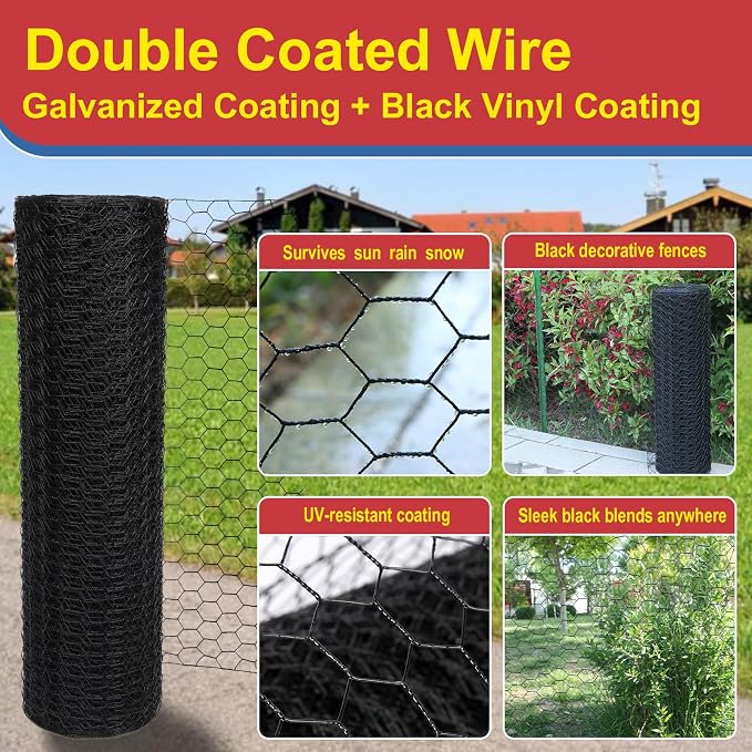 Black 19GA Chicken Wire 12inx150ft, Chicken Wire Fencing, Garden Fence, Metal Poultry Wire Netting, Galvanized PVC Coated Mesh for Animal/Rabbit/Floral/Chicken Coop/DIY Projects.