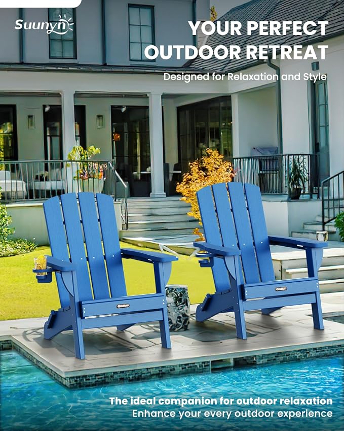 Folding Adirondack Chair Set of 6, HDPE Adirondack Chairs with 2 Cup Holder, Plastic All-Weather Fire Pit Chairs, Outdoor Lawn Chair for Patio Garden (Royal Blue)