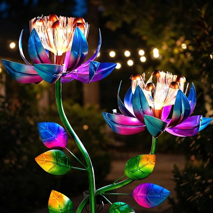Solar Wind Spinner Outdoor Metal Garden Decor – 2-in-1 Kinetic Double Lotus Flower Stake with Glowing Fiber Optic Lights, Multi-Color Spinning Yard Art Sculpture for Patio, Lawn, and Pathway