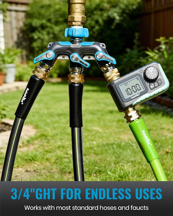 RAINPOINT 3 Way Hose Splitter, 100% Metal Heavy Duty Garden Hose Splitter With 1.9" Extra Long Handle & Individual Shut Off, 3/4 Inch GHT Thread Water Hose Connector For Outdoor Spigot Faucet (Blue)
