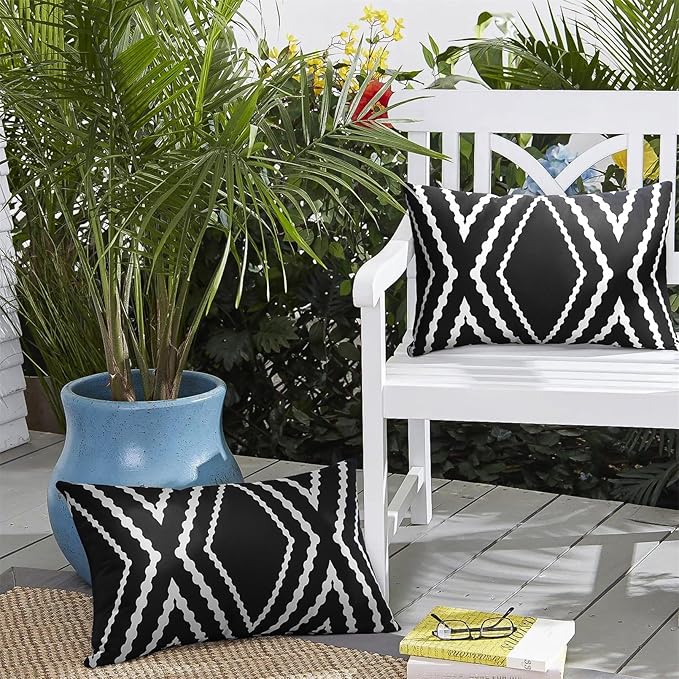 Adabana Outdoor Lumbar Waterproof Pillow Covers Set of 2 Boho Geometric Throw Pillows Cover for Patio Garden 12 x 20 Inch Black and White