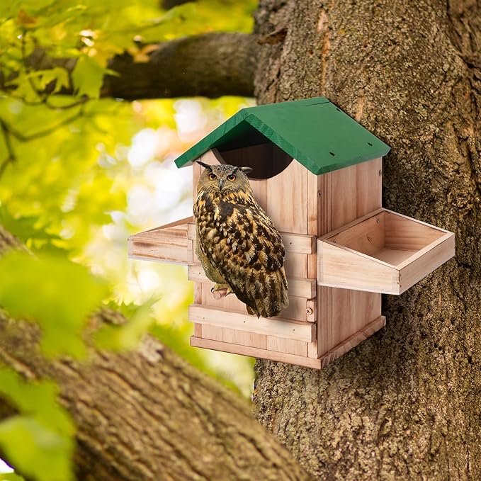 Screech Owl House with Feeder, Owl Box with Bird Stand Design, Nesting Box Wood with Mounting Screws, Cozy House for Lovely Birds, Easy Assembly Required