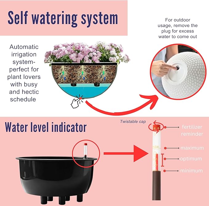 LaLaGreen Indoor Hanging Planter (11 Inch, 2 Pack) Self-Watering Round Flower Pot with Water Level Indicator, White Rattan Style Hanging Basket on Metal Chain for Balcony, Porch, Patio, Garden Decor