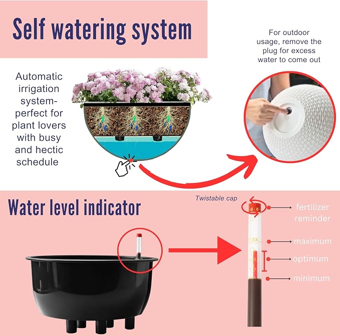 LaLaGreen Hanging Planters for Indoor Plants (11 Inch, 3 Pack) Brown Rattan Style Self-Watering Flower Pots with Water Level Indicator, Plastic Baskets with Metal Chain for Balcony, Porch Garden Decor