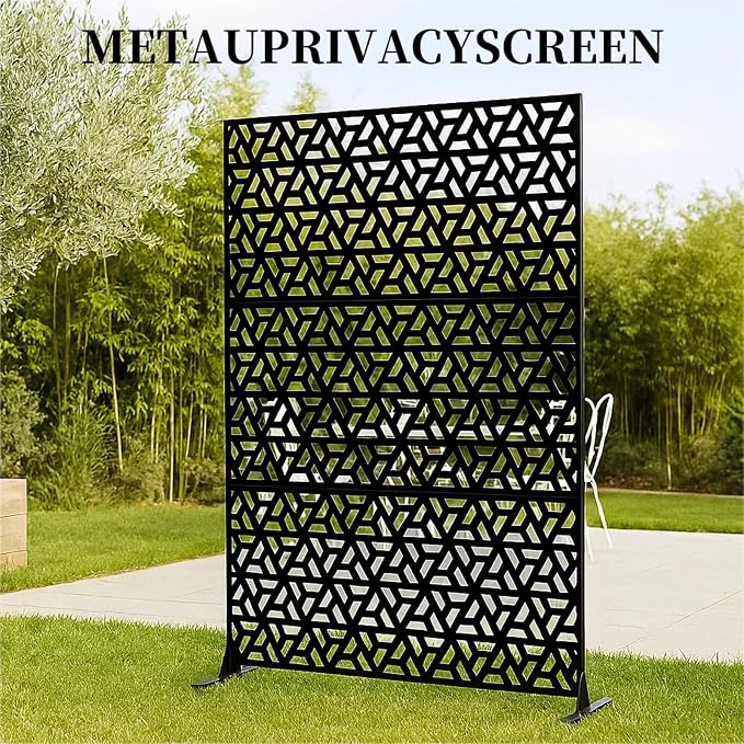 Metal Privacy Screen,72" h x 47" w 3-Panel Freestanding Decorative Fence with Stand for Outdoor Patio, Lawn, Garden, Deck, Balcony
