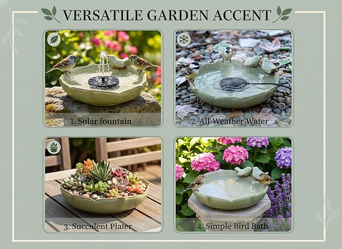 Large Ceramic Bird Bath Bowl Only, 10" Shallow Ground Bird Bath, Handmade Ceramic Birdbath Bowl for Outdoors, Wildlife Water Bowl for Outside, Garden, Tabletop, Balcony and Lawn