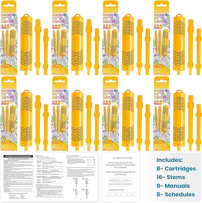 Replacement for Nature2 W20750 Spa Mineral Sticks Hot Tub in-Filter Cartridge Last for 4 Months Universal for Hot Tub Spa Swimming Pool All Spas Flow Rates Up to 1000 Gallons (Yellow 8-Pack)