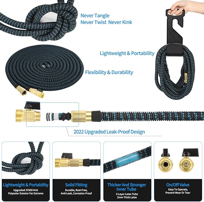 100 ft Expandable Garden Hose - Ultra Flexible,Durable Collapsible Latex Core & Solid Brass Fitting, No Kink-Free Expanding Garden Pipes Hose - RV, Gardening Marine and Camper Water Garden Hoses