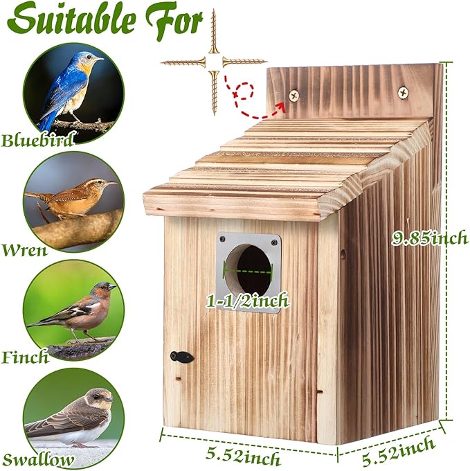 Dreyoo 8 Pack Bluebird Houses for Outside with Metal Predator Guard, 1-1/2" Entrance Hole Wooden Blue Bird Houses for Outdoors, Bluebird Nesting Box with Screwdriver (Burnt Wood Color)