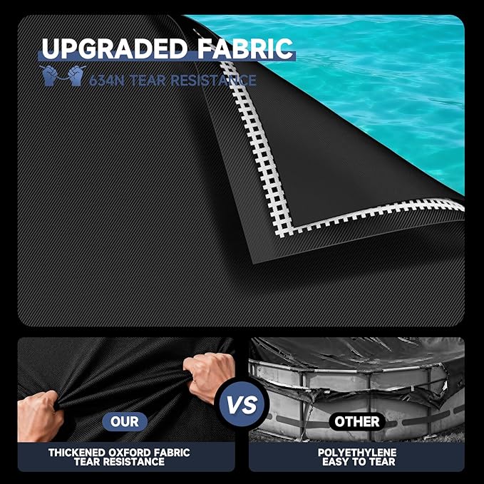 LXKCKJ 24 Ft Pool Cover for Above Ground Pool, Round 420D Solar Oxford Tarp | 100MPH Windproof with 2 Buckles and & Weight Rings, 634N Tear-Resistant, Waterproof 10000PA, UV Protection, Cuts Evaporation