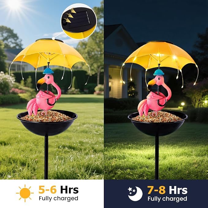 Solar Bird Feeder Garden Decor, Outdoor Solar Lights with Umbrella, Hummingbird Feeder Decorative Path Lights Yard Art Ornament Bird Feeder (Flamingo)